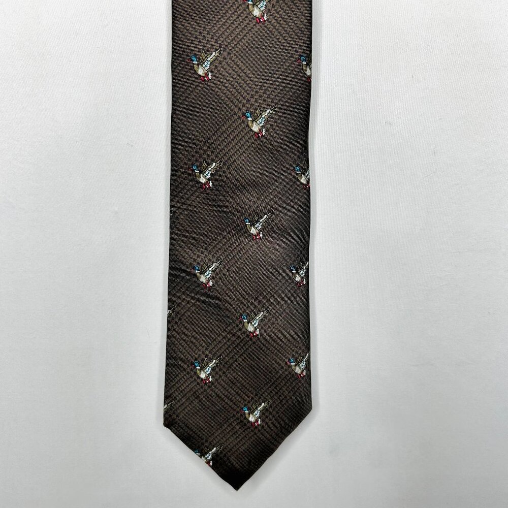 Vintage Tattersall Men’s Neck Tie 3”x 54 ½” Brown 100% Silk w/ Mallard Ducks